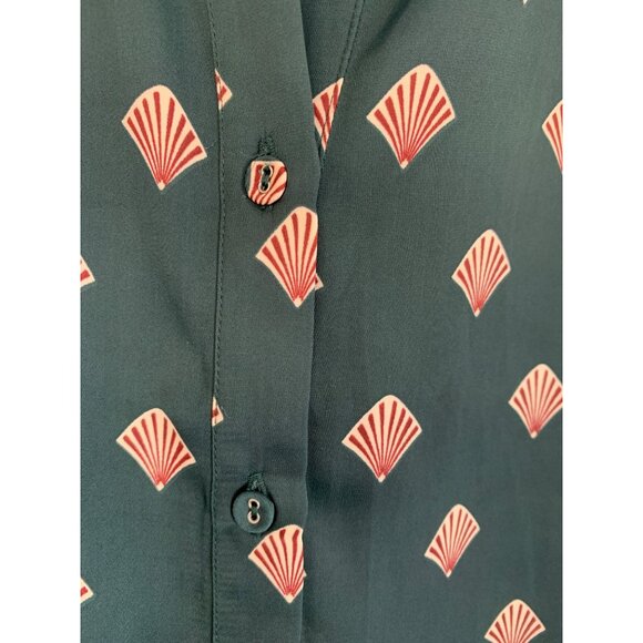 LAcademie Los Angeles Green & Red Fan Print Button-Up Shirt Dress XL RK10650 - Picture 6 of 9